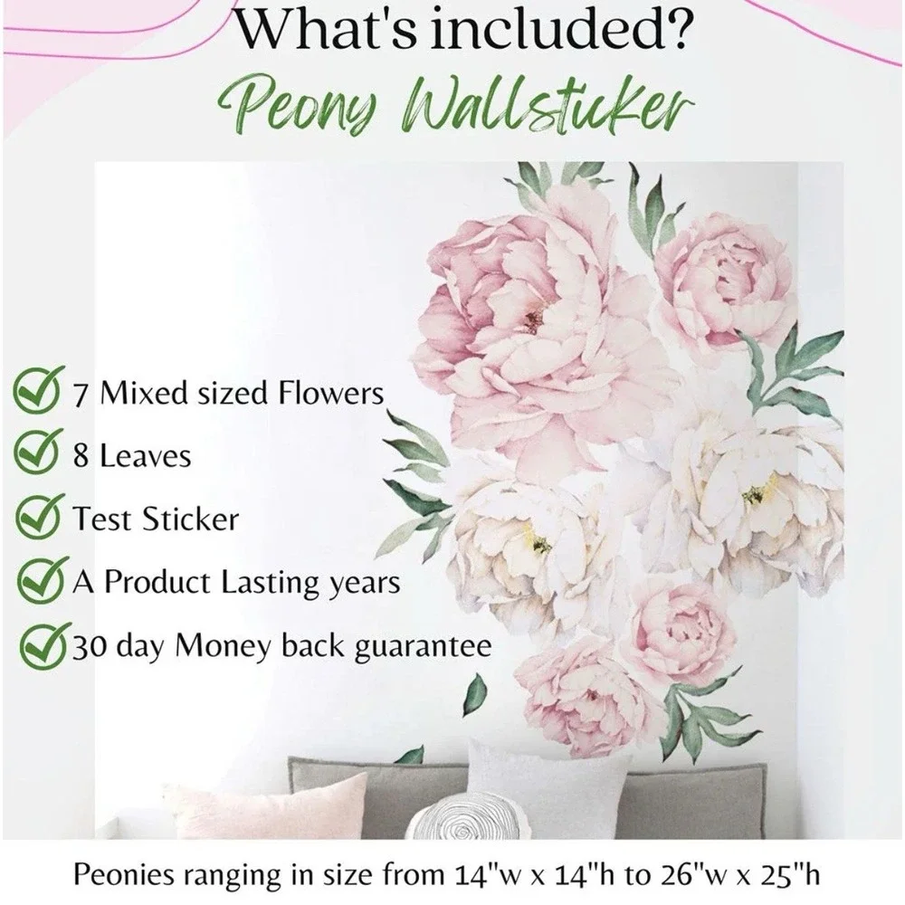3 Rolls Wallpick Large Pink &‎ White Peonies Wall Decals